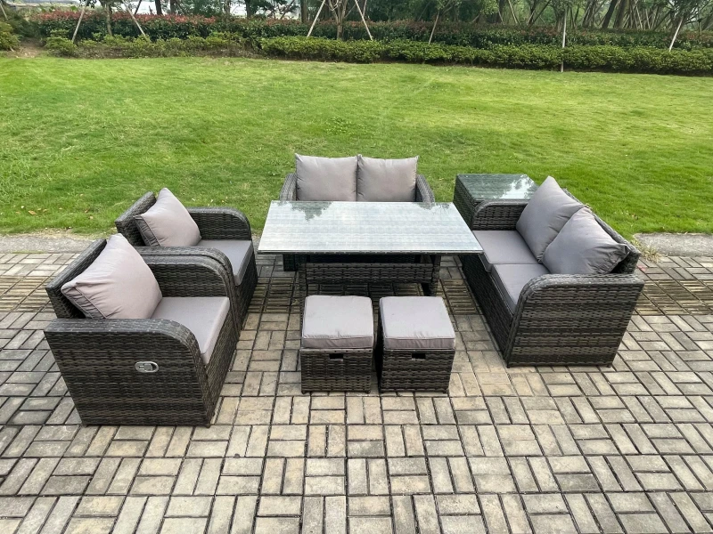 Image of Fimous Rattan Outdoor Furniture Garden Dining Set Rectangular Table & Chair Sofa Set With Side Table 2 Small Footstools in Dark Grey Dark Grey Unisex