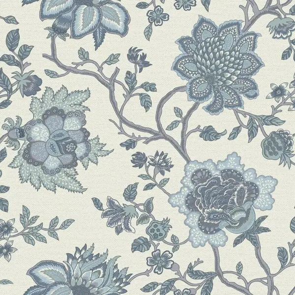 Image of YOL YOL - Jacobean Trail Wallpaper Floral Leaves Blue White Natural Flowers Feature Wall WL-13590