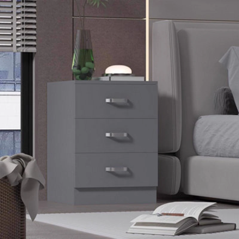 Image of FWStyle 3 Drawer Bedside Table Chest Of Drawers Matt Grey Grey