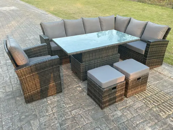 Image of Fimous 7 Seater Outdoor Dark Mixed Grey Rattan Lounge Complete Sofa Set with Adjustable Table and 2 Stools