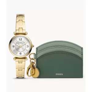 Image of Fossil Womens Carlie Three-Hand Gold-Tone Stainless Steel Watch And Card Case Box Set - Gold