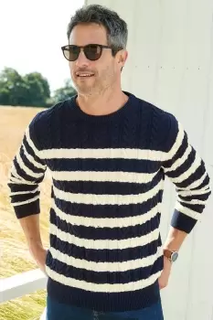 Image of Stripe Cotton Cable Knit Crew Neck Jumper