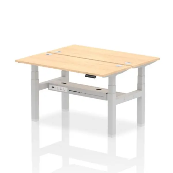 Image of Air Air Back-to-Back 1400 x 600mm Height Adjustable 2 Person Bench Desk Maple Top with Cable Ports Silver Frame HASCP2P14600MPES
