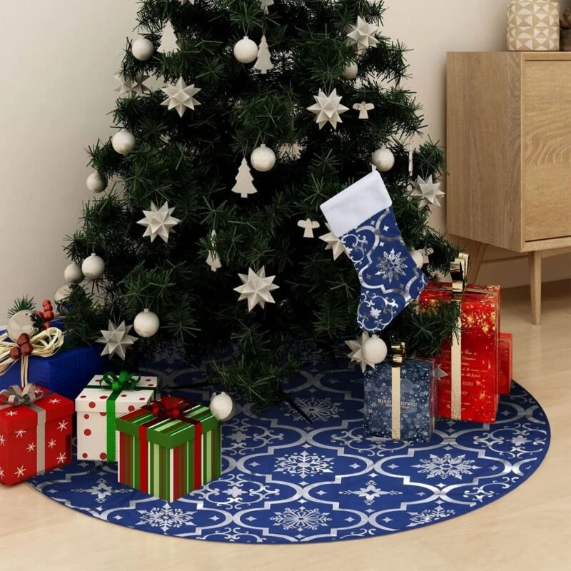 Image of VIDAXL Vidaxl - Luxury Christmas Tree Skirt with Sock Blue 90cm Fabric 8720286445877
