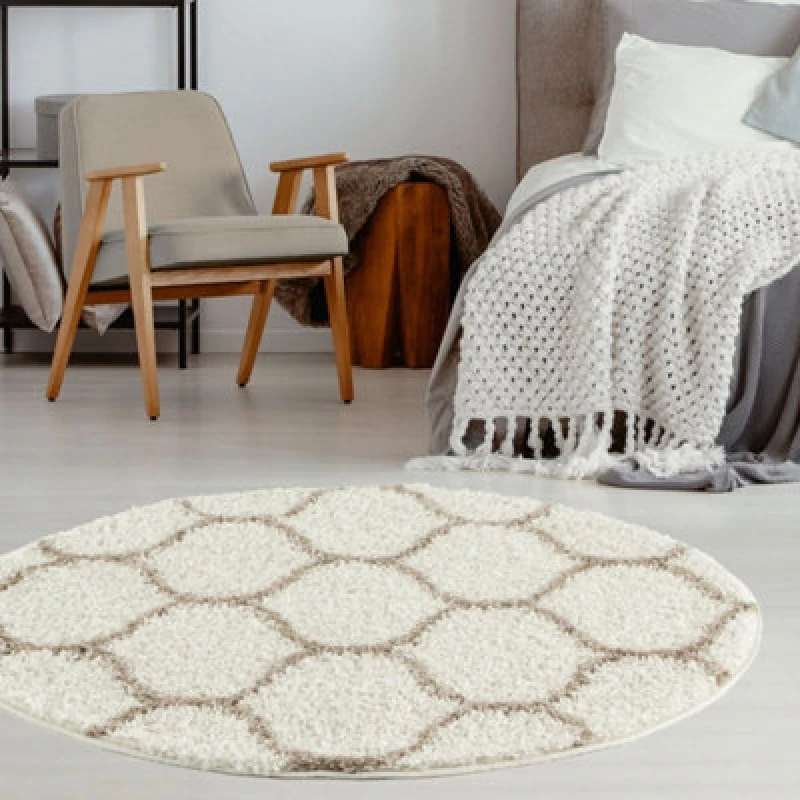 Image of THE RUGS Soft Trellis Shaggy Rugs & Runners Ivory & Beige Living Room Size: 120cm diameter Beige Unisex 120cm diameter