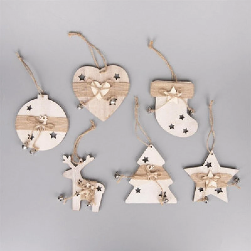 Image of Shatchi Christmas Tree Ornaments Wooden Aesthetic Hanging Decorations set of 6 pcs with Bells. Brown