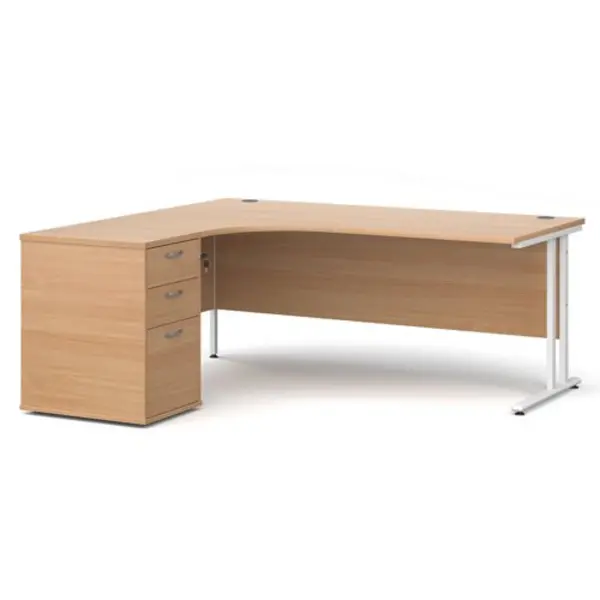 Image of Office Desk Left Hand Corner Desk 1800mm With Pedestal Beech Top With White Frame Maestro 25