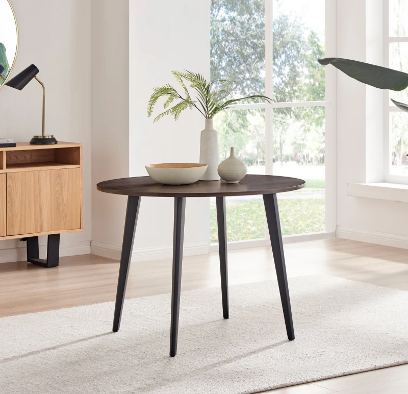 Image of FurnitureboxUK FurnitureboxUK Koko 4-Seater Round Melamine Scratch Resistant Dining Table With Black Legs in Walnut Walnut One Size Unisex 50565426922