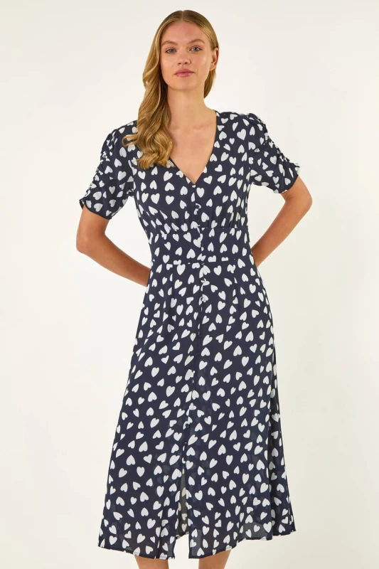 Image of Roman Womens Heart Print Ruched Midi Dress in Navy Size: 10 Navy Female 10