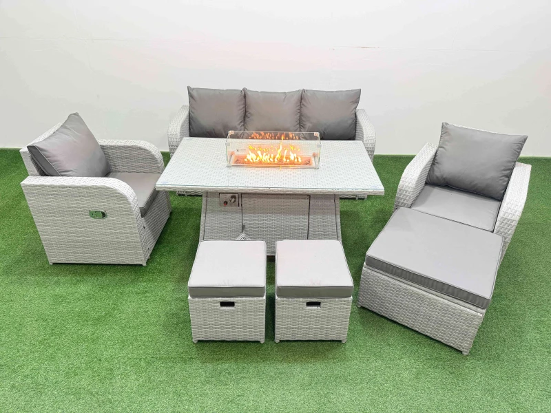 Image of Fimous PE Rattan Garden Furniture Set Reclining Chair Sofa Lounge Sofa Set Firepit Dining Table 3 Stools Light Grey Light Grey
