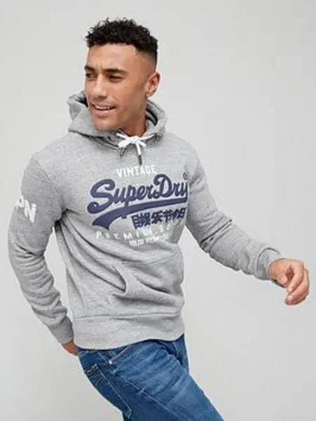 Image of Superdry Organic Cotton Vintage Logo Hoodie - Light Grey Marl, Size S, Men