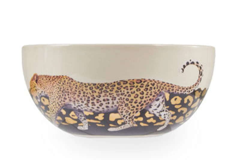Image of Orsina Stoneware Large Salad Bowl With Intricate Leopard Print,white Bowl With Black & Gold Details, Ideal For Soups