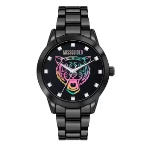 Image of Missguided Black Alloy Bracelet Watch with Black Iridescent Tiger...