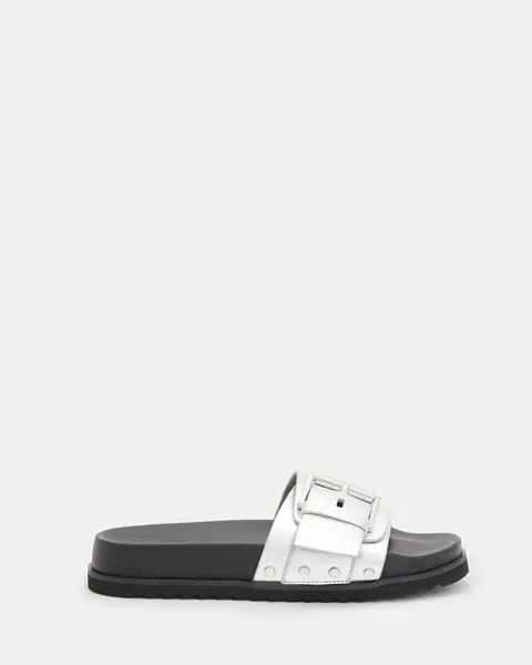 Image of AllSaints Ellie Buckle Metallic Leather Sliders