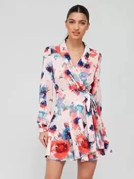 Image of Boohoo Floral Wrap Detail Mini Skater Dress - Pink, Size 16, Women