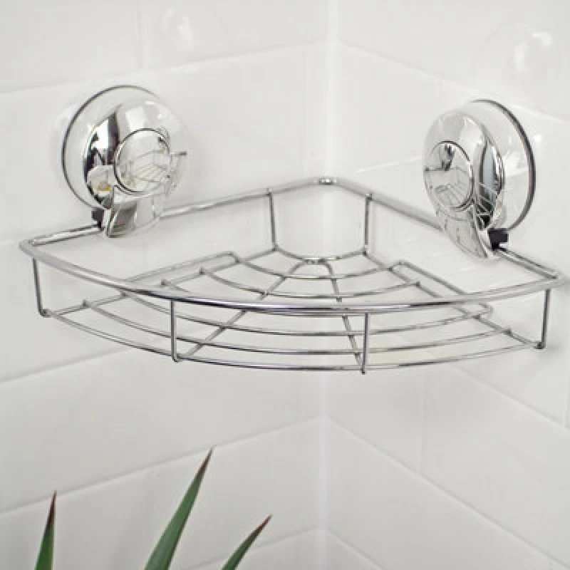 Image of Showerdrape Suctionloc Chrome Steel Suction Wall Mounted Corner Basket With Mounting Discs