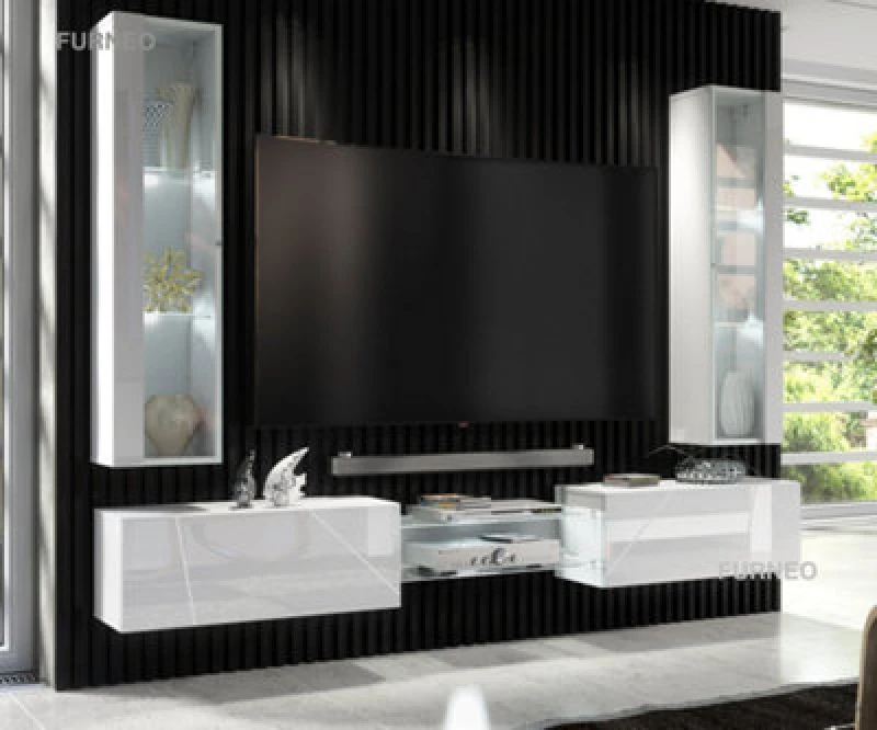 Image of Furneo White Floating TV Unit High Gloss Matt Living Room Set Display Cabinets Art 01/02 White LED Lights