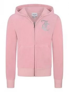 Image of Juicy Couture Girls Luxe Velour Diamante Zip Through Hoodie - Pink, Size Age: 10-11 Years, Women