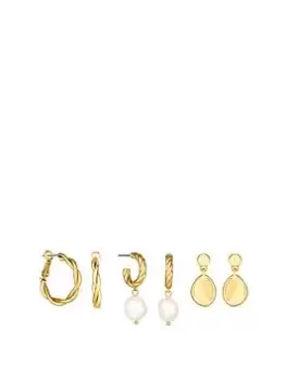Image of Mood Gold Crystal And Polished Organic Mixed Earrings - Pack of 3, Gold, Women