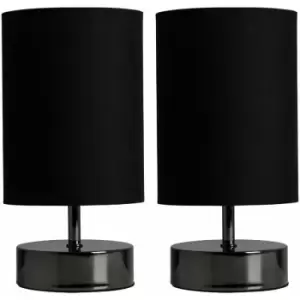 Image of 2 x Black Chrome Touch Dimmer Bedside Table Lamps + Black Light Shades