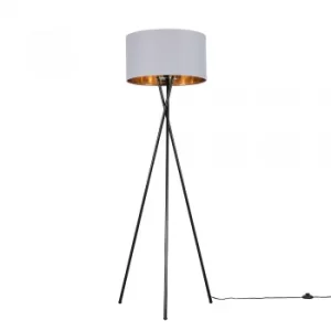 Image of Camden Black Tripod Floor Lamp with XL Grey and Gold Reni Shade