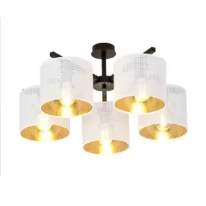 Image of Emibig Jordan Black Multi Arm Semi Flush Ceiling light with White, Gold Fabric Shades, 5x E27