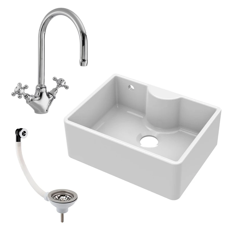 Image of Balterley Fireclay 1 Bowl Butler Sink Overflow Tap Ledge Tap Waste 595mm White