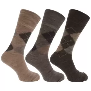 Image of Mens Traditional Argyle Pattern Non Elastic Lambs Wool Blend Socks (Pack Of 3) (UK Shoe 6-11, EUR 39-45) (Shades of Brown)