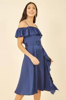 Image of Navy Bardot Satin Frill Dress With Belt