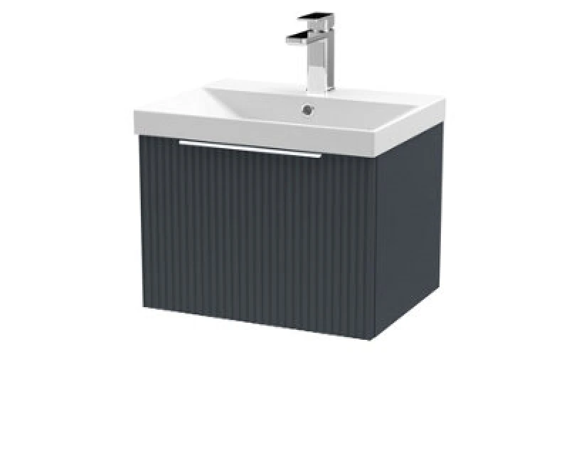 Image of Hudson Reed Fluted Wall Hung 1-Drawer Vanity And Thin-Edge Basin, Contemporary Sink Vanity Unit, Soft Black