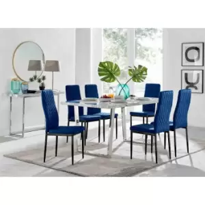 Image of Furniture Box Kylo White Marble Effect Dining Table and 6 Navy Velvet Milan Black Leg Chairs