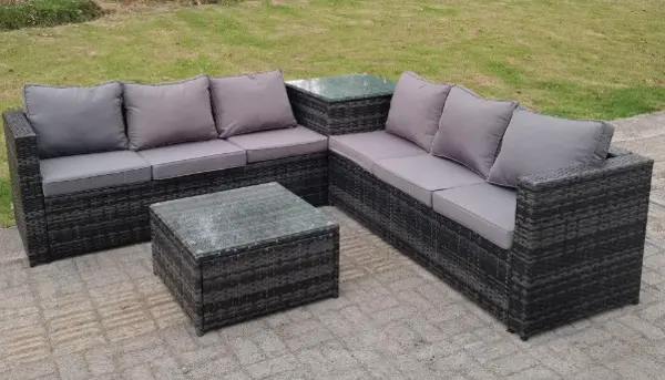 Image of Fimous 6 Seater Outdoor Dark Grey Rattan Lounge Complete Sofa Set with Corner Sofa and 2 Tables