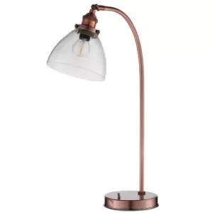 Image of Industrial Curved Table Lamp Tarnished Copper & Glass Shade Modern Bedside Light