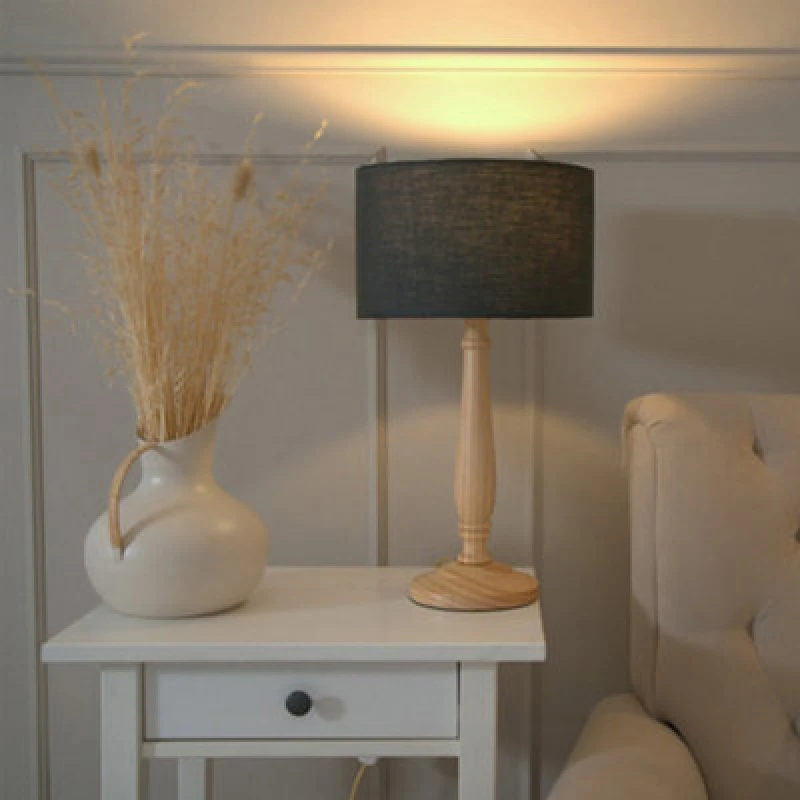 Image of ValueLights Victoria Light Wood Traditional Stem Table Lamp with Fabric Drum Shade Charcoal