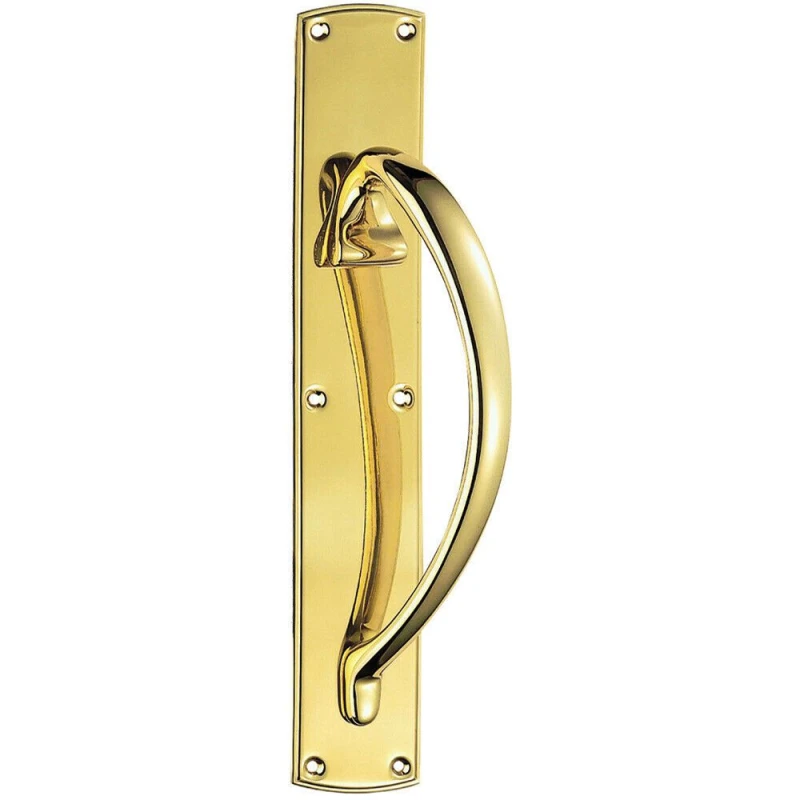 Image of Loops Right Handed Curved Door Pull Handle 457 x 75mm Backplate Polished Brass Metallics unisex
