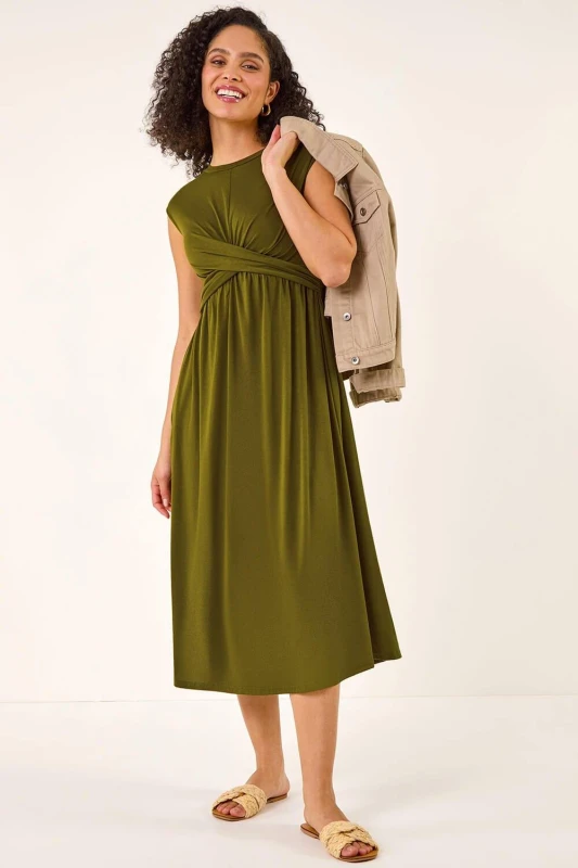 Image of Roman Womens Crossover Front Stretch Midi Dress in Khaki Size: 14 Khaki Female 14