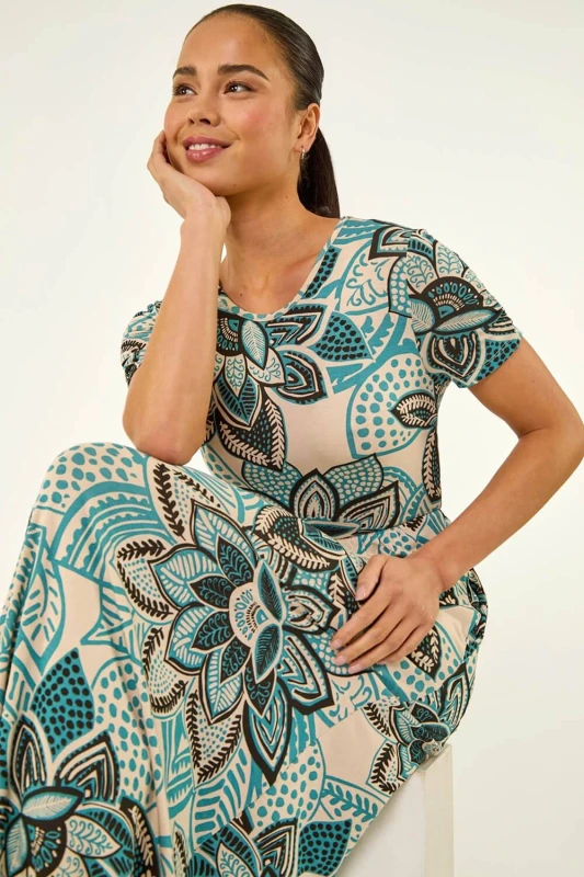 Image of Roman Womens Petite Floral Midi Dress in Blue Size: 18 Blue Female 18