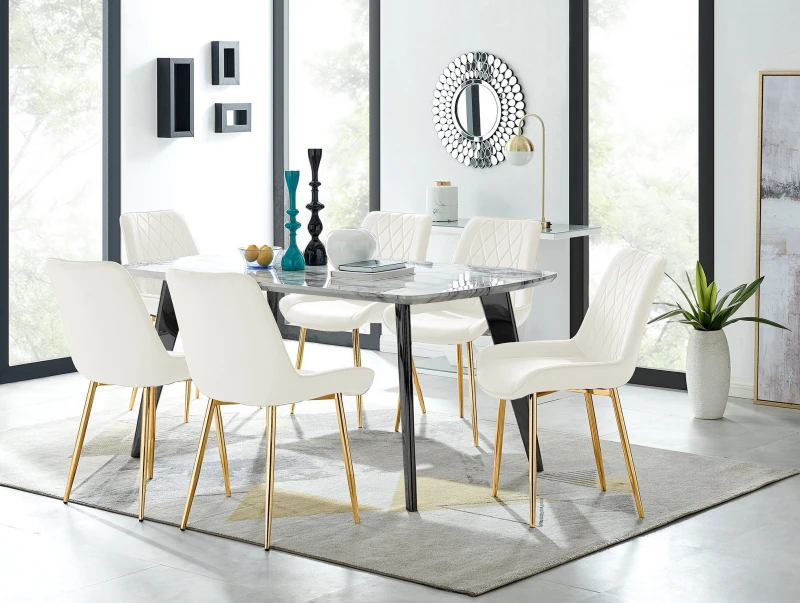 Image of FurnitureboxUK FurnitureboxUK Andria Marble Effect Dining Table With Black Legs & 6 Pesaro Velvet Gold Leg Chairs in Cream Cream One Size Unisex 50565