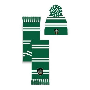Image of Harry Potter - Slytherin Crest Pom Pom Beanie & Scarf Set Unisex - Green/White