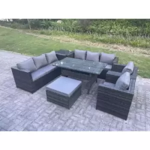 Image of Fimous 8 Seater Dark Grey Outdoor Rattan Lounge Complete Sofa Set with Rectangular Dining Table and Big Footstool