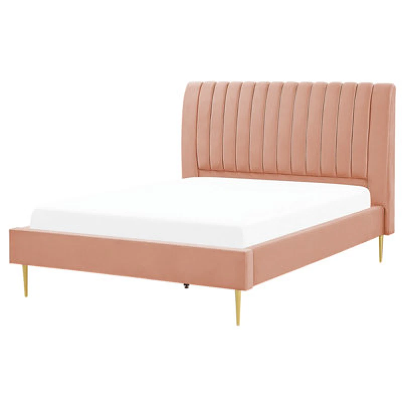 Image of Beliani Bed Velvet Marville 140 X 200 Cm (Eu Double) Peach Pink