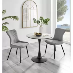 Image of Furniturebox UK - Furniturebox Elina White Marble Effect Modern 80cm Round Dining Table & 2 Light Grey Nora Black Leg Velvet Chairs