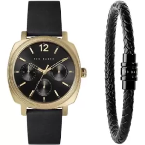 Image of Ted Baker Yellow Gold Case Black Dial Black Leather Strap & Leather Bracelet Gift Set Black VB4MB