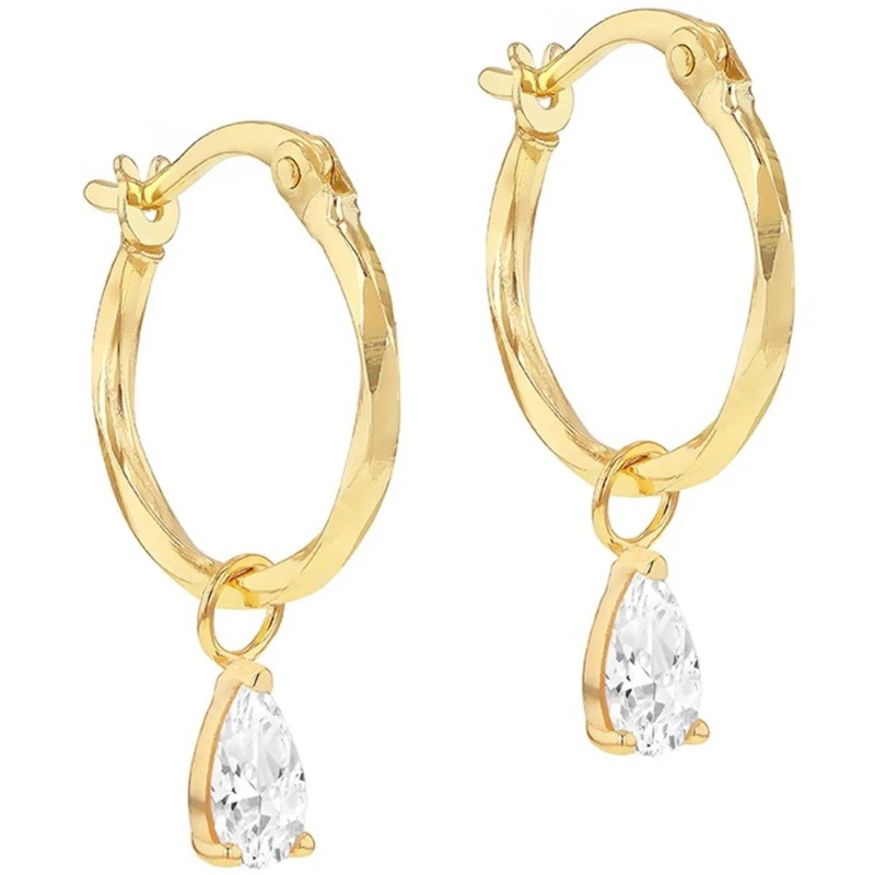 Image of Be You 9ct Gold Pear CZ Diamond Cut Creole Hoop Earring Hoop Earrings One Size Gold 72949510000