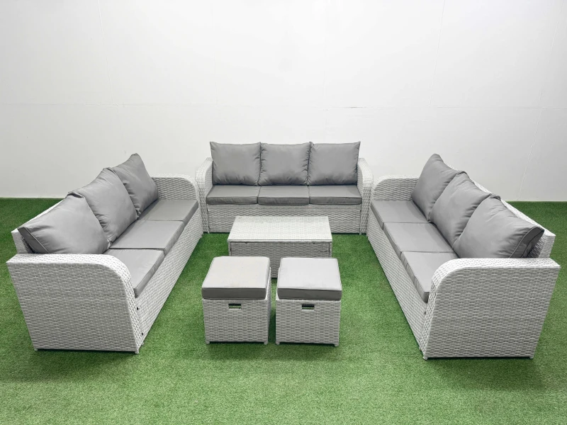 Image of Fimous PE Rattan Lounge Sofa Set 11 Seater Outdoor Garden Furniture Set with Rectangular Coffee Table 3 Seater Sofa 2 Stools Light Grey Light Grey