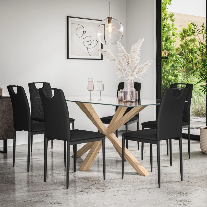 Image of More4Homes Etta Glass Dining Table And Chairs - Glass Top W Solid Oak Legs + Monza Faux Leather Dining Chair Set Of 6 (Black)