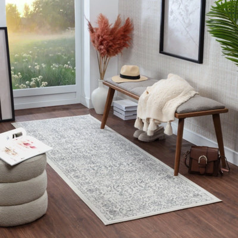 Image of Livabliss Vintage Oriental Boho Grey/ivory Margaux Runner Rug 80 X 220 Cm - Easy Care, Non Shedding, Ideal For Hallway Or Beside The Bed