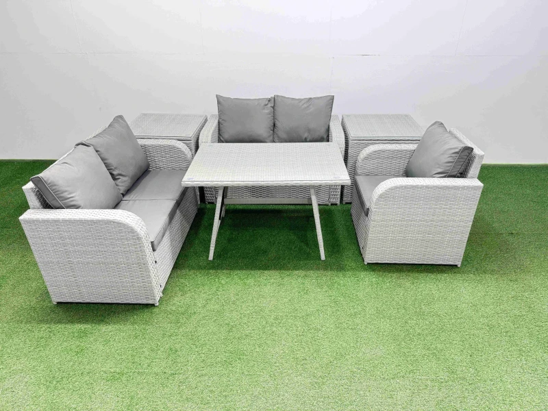Image of Fimous 5 Seater Outdoor Rattan Garden Furniture Set Sofa Reclining Chair Set in Light Grey Light Grey Unisex