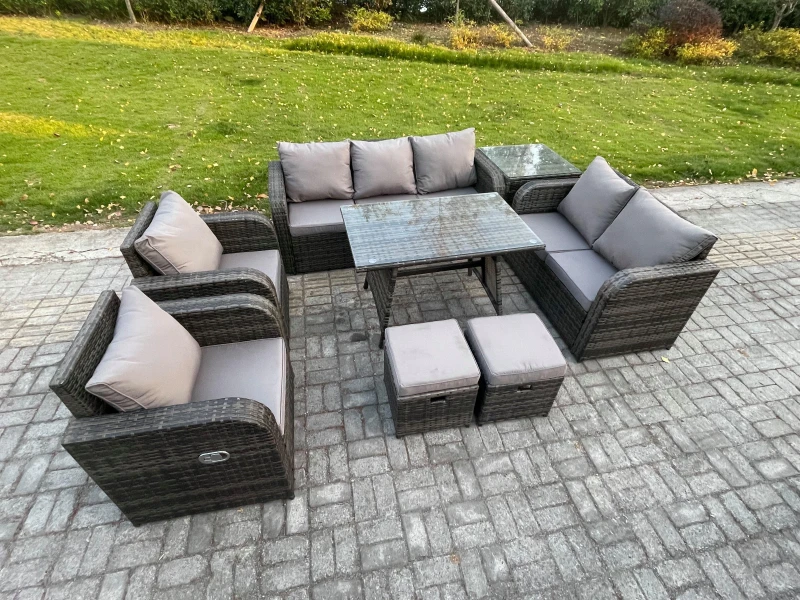 Image of Fimous 9 Seater High Back PE Rattan Sofa Set Outdoor Garden Furniture Dining Table Set With Reclining Chair 3 Seater Sofa Dark Grey