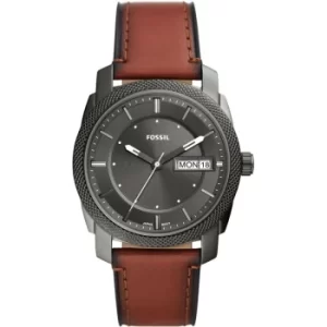 Image of Mens Fossil Machine Three-Hand Date Brown Leather Watch